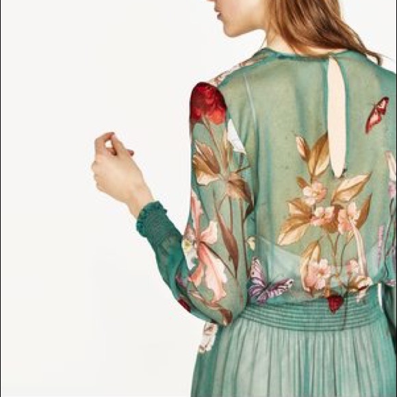 SOLD. SEA-GREEN SHEER FLORAL DRESS - Picture 3 of 7